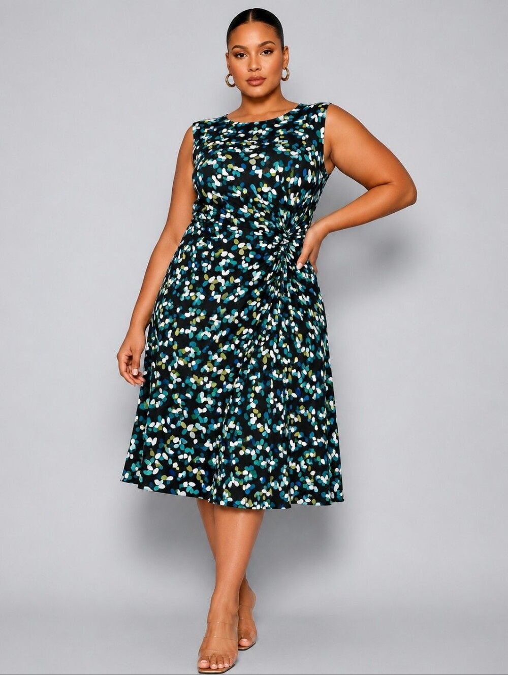 Women's Size XL Sleeveless Rouched Printed Dress Garden Party